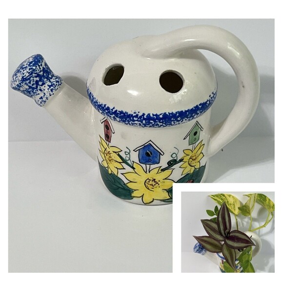 Vintage 80's Sculptural Watering Can Ceramic Flower Frog Propagation Station - Picture 1 of 13